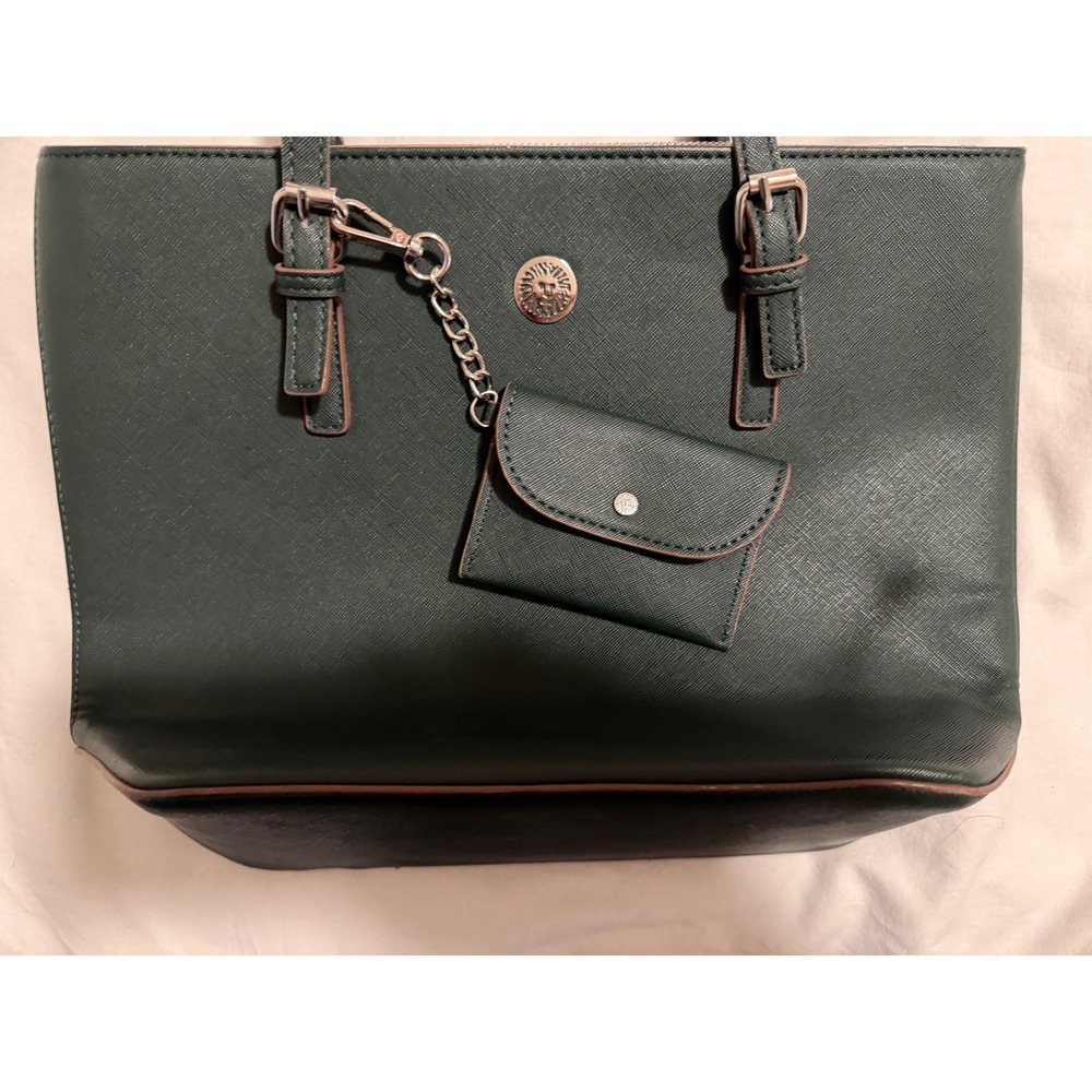 Anne Klein Forest Green Saffiano Leather Tote Bag with Detachable Pouch Mens